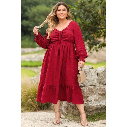 Fiery Red Lace-up Ruched Front Long Sleeve Ruffle Hem Plus Size Midi Dress