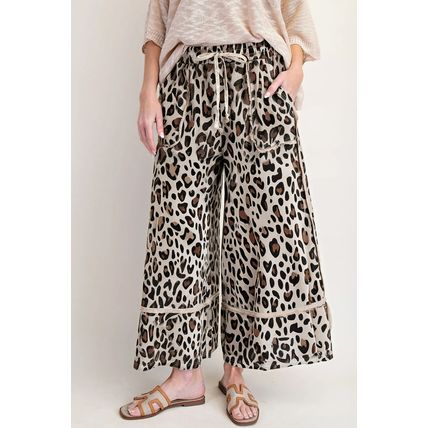 Khaki Leopard Wide Leg Cropped Pants
