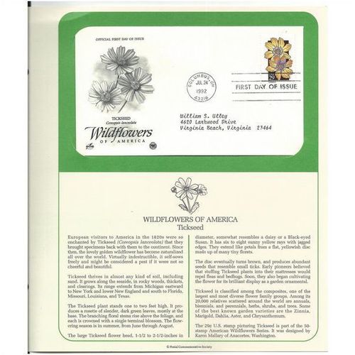 WILDFLOWERS OF AMERICA : TICKSEED ' OFFICIAL FIRST DAY of ISSUE ' (1992)