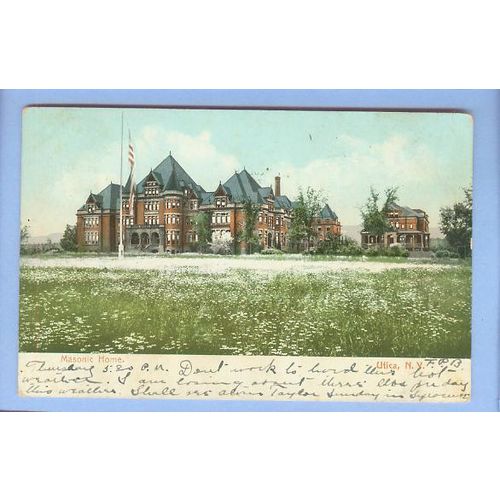 New York Utica Masonic Home View Across Large Lawn w/White Flowers Large O~128