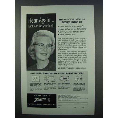 1962 Zenith Royal Medallion Eyeglass Hearing Aid Ad
