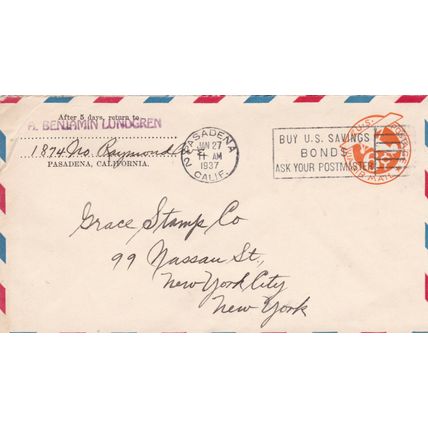 United States 1937 Pasadena to New York Air Mail Cover Pasadena cancel written