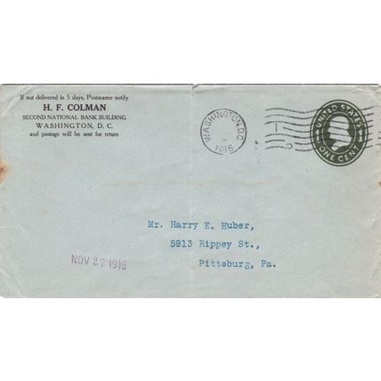 United States 1916 2nd National Bank Washington DC to Pittsburg Cover typed VGC