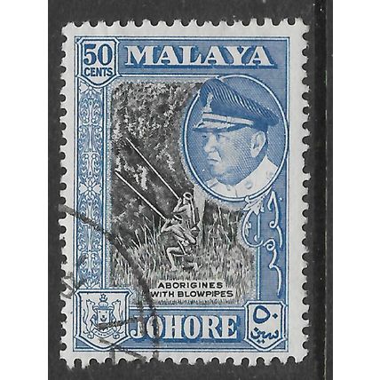 MALAYSIA JOHORE 1960 50c BLACK &BLUE ABORIGINES WITH BLOW PIPES SG162 FINE USED