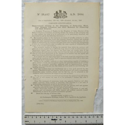 1894 Patent No. 19,437 treatment of materials for preserving, Tortora, Naples