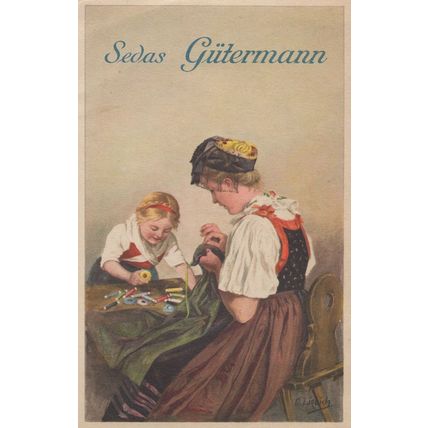 German Child Learning Sewing Knitting Vintage Postcard