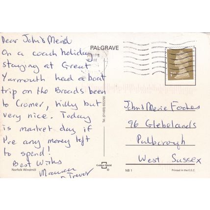 Norfolk Broads and Windmill Postcard posted 2004 creased