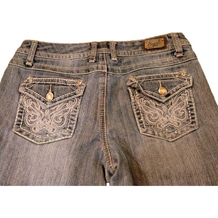 Earl Jean 4P Embellished Medium Blue Denim Capri Cropped Cuffed Women's
