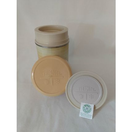VINTAGE 1970s KING-SEELEY YELLOW GEOMETRIC PATTERN SOUP THERMOS w LID & STOPPER