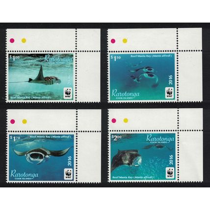 Rarotonga WWF Reef Manta Ray Fish 4v Corners 2016 MNH SG#23-26