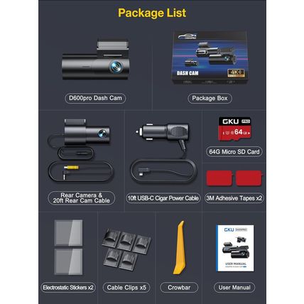 GKU Dash Cam Front and Rear Camera,4K+1080P, 5.8Ghz Wifi & GPS Dash Camera for C