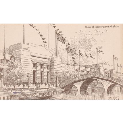 EC501 1924 BRITISH EMPIRE EXHIBITION-PALACE OF INDUSTRY FROM LAKE BY ERNEST COFF