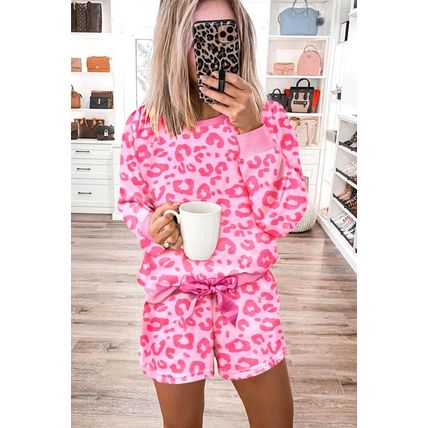 Pink Leopard Long Sleeve Satin Tie Shorts Two Piece Set