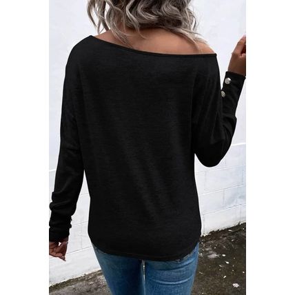 Black Asymmetrical Cut Out Buttoned Long Sleeve Top