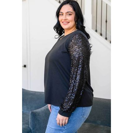 Black Sequin Contrast Long Sleeve Plus Size Top