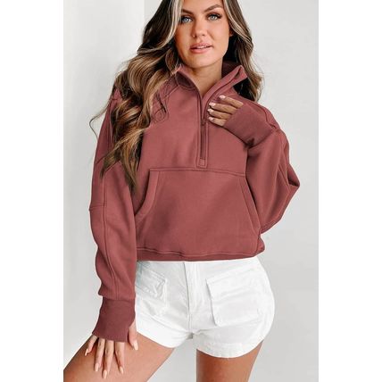 Brown Zip Up Stand Collar Ribbed Thumbhole Sleeve Sweatshirt