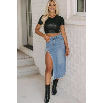 Light Blue Frayed Slit Asymmetric Denim Midi Skirt