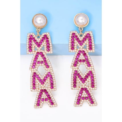 Rose Red MAMA Rhinestone Pearl Dangle Stud Earrings