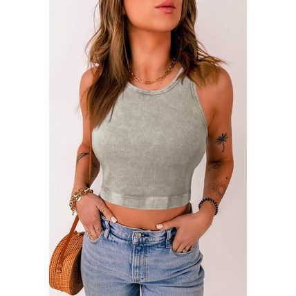 Light Grey Ribbed Mineral Wash Racerback Cropped Tank Top
