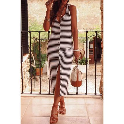White Striped Print Sleeveless Buttoned Maxi Dress