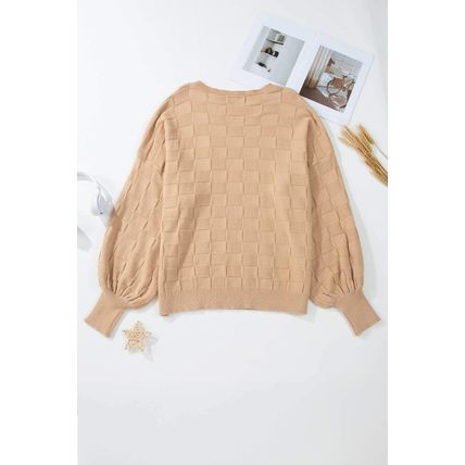 Light French Beige Solid Checkered Textured Knit Plus Size Sweater