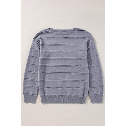 Light Grey Boat Neck Drop Shoulder Pointelle Knit Sweater