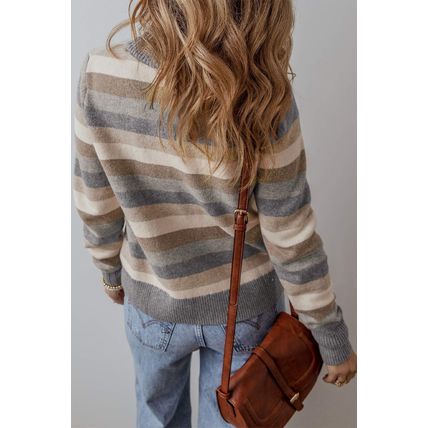 Gray Stripe Color Block Ribbed Edge Round Neck Sweater