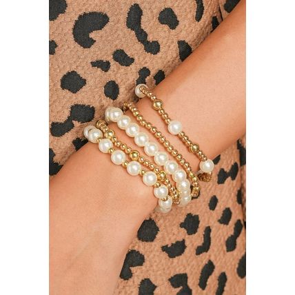 Gold Cross Pearls Decor Plated Beaded Multi Layer Bracelets