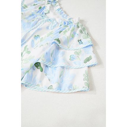 Sky Blue Floral Contrast Edge Layered Short Sleeve Mini Dress