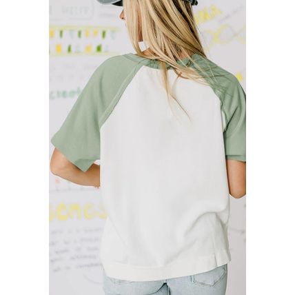 Clearly Aqua Colorblock Raglan Short Sleeve Half Buttons High Low T Shirt