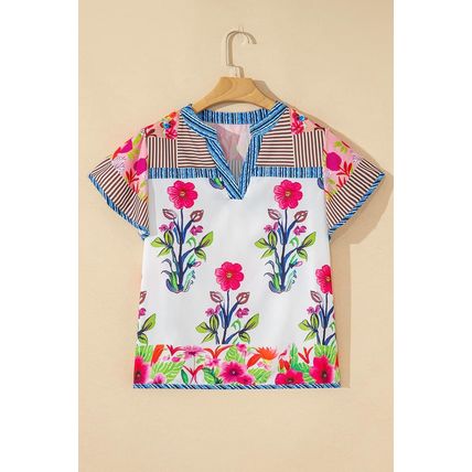 Pink Floral Striped Patchwork Short Sleeve Split Neck Blouse