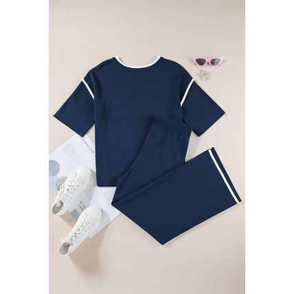 Navy Blue Contrast Trim Half Sleeve Top Drawstring Pants Loose 2pcs Sweater Suit