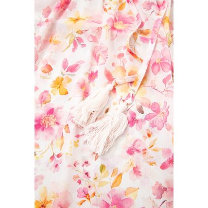 Pink Floral Print Tassel Tie Smocked V Neck Puff Sleeve Tunic Blouse