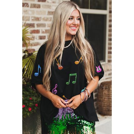 Black Guitar Music Notes Patched Graphic Oversize Tee
