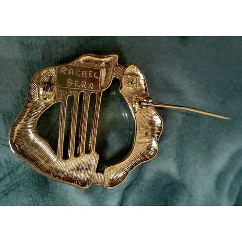 Signed RACHEL GERA modernist 1984 Gold Harp Brutalist Brooch Pin Vintage art A+