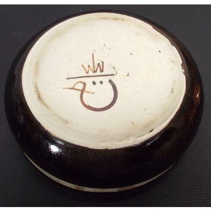 Vintage Circular Stone Jewerly Trinket Box Stoneware 3 3/4" Diameter Blue Brown