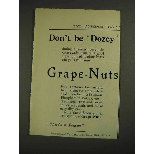 1906 Postum Grape-Nuts Cereal Ad - Don't be Dozey