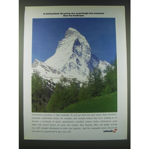 1989 SwissAir Airline Ad - In Switzerland, the prices are surprisingly less