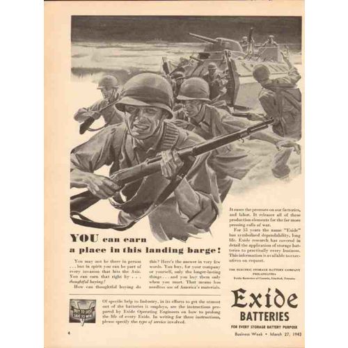 ELECTRIC STORAGE BATTERY CO 1943 earn place landing barge vintage ad
