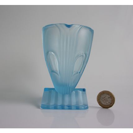 Art Deco Rosice Frosted Blue Glass Creamer With Clear Panels.