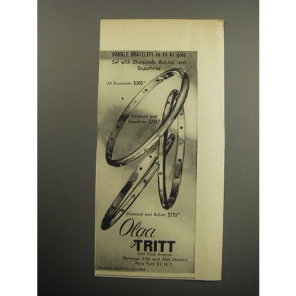 1957 Olga Tritt Jewelry Advertisement - Bangle Bracelets in 14 kt gold