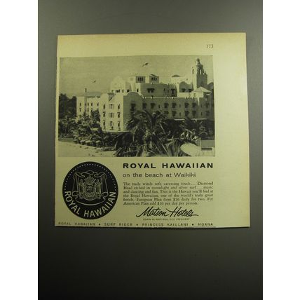 1957 Matson Hotels Ad - Royal Hawaiian on the beach at Waikiki