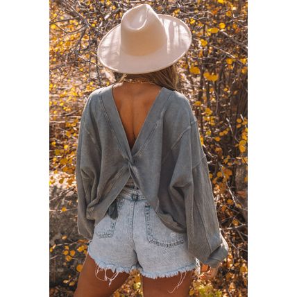 Gray Exposed Seam Twist Open Back Oversized Sweatshirt