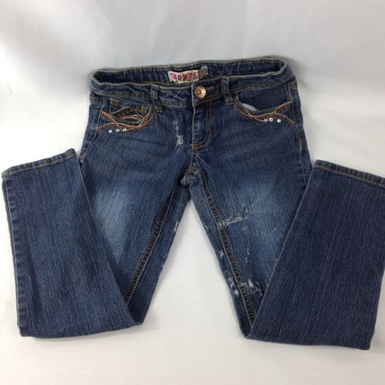 Squeeze Girls Size 7 Adjustable Waist Distressed Blue Jeans Straight Leg