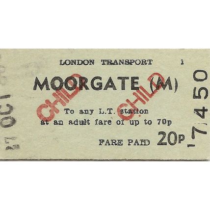 London Transport Edmondson Ticket - Moorgate (M) - 20p.