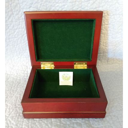 MAHOGANY COLORED HINGED BOX with TANGOE PLAQUE and GREEN FELT LINING