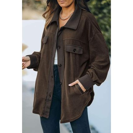 Brown Turn Down Collar Buttoned Shirt Jacket