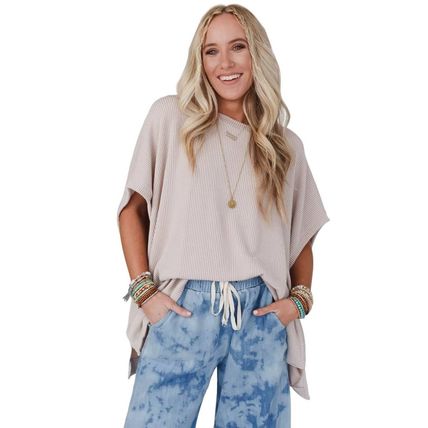 Apricot Ribbed Knit Batwing Sleeve Tunic Oversized T Shirt