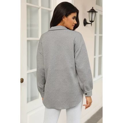 Gray Solid Textured Flap Pocket Buttoned Shacket