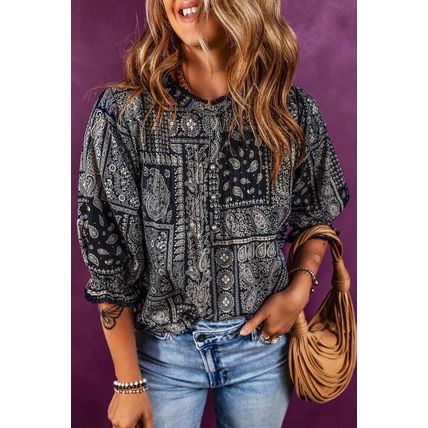 Navy Blue Vintage Boho Paisley Print 3/4 Sleeve Blouse